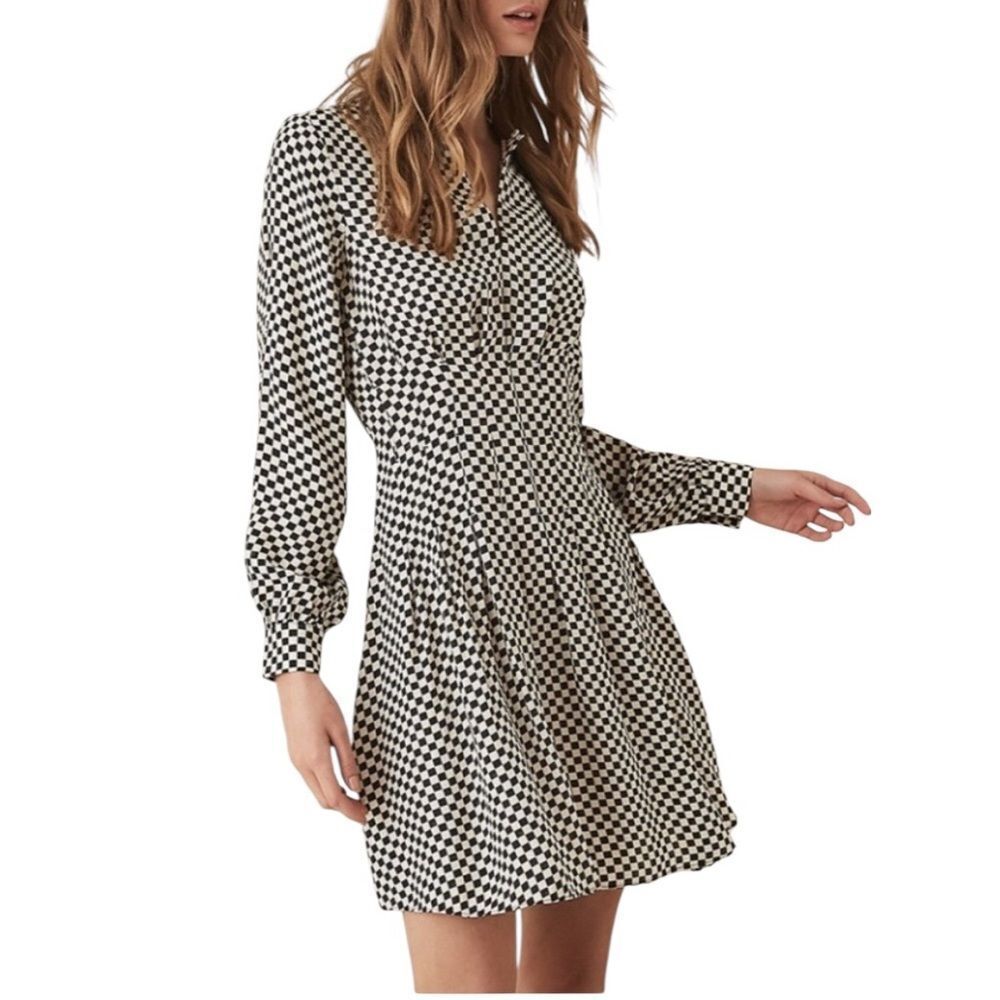 Reiss EDNA Black and White Checkered Long Sleeve Shirt Dress size 6